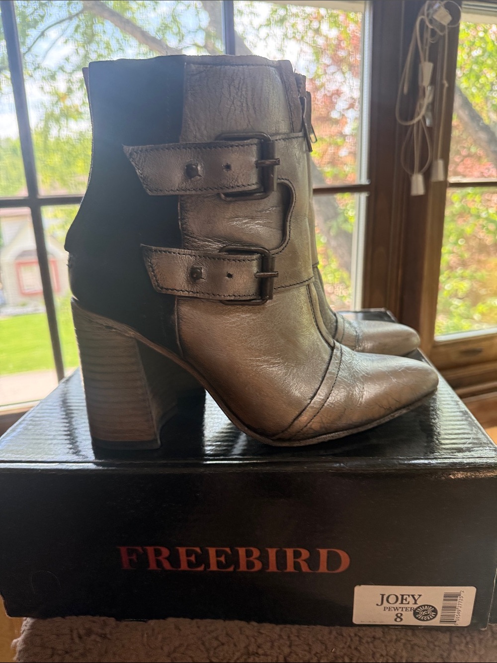 Freebird Metallic Pewter Leather Ankle Boots with Buckle Straps